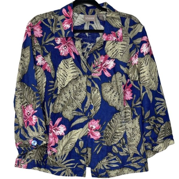 Chicos 100% Linen Lightweight Jacket (Size L) Tropical Print Button 3/4 Sleeve - Picture 1 of 8